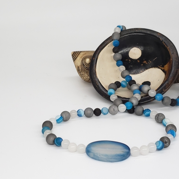 Boho Quartzite, Druzy, Agate & Lava Bead Necklace - Picture 2 of 9